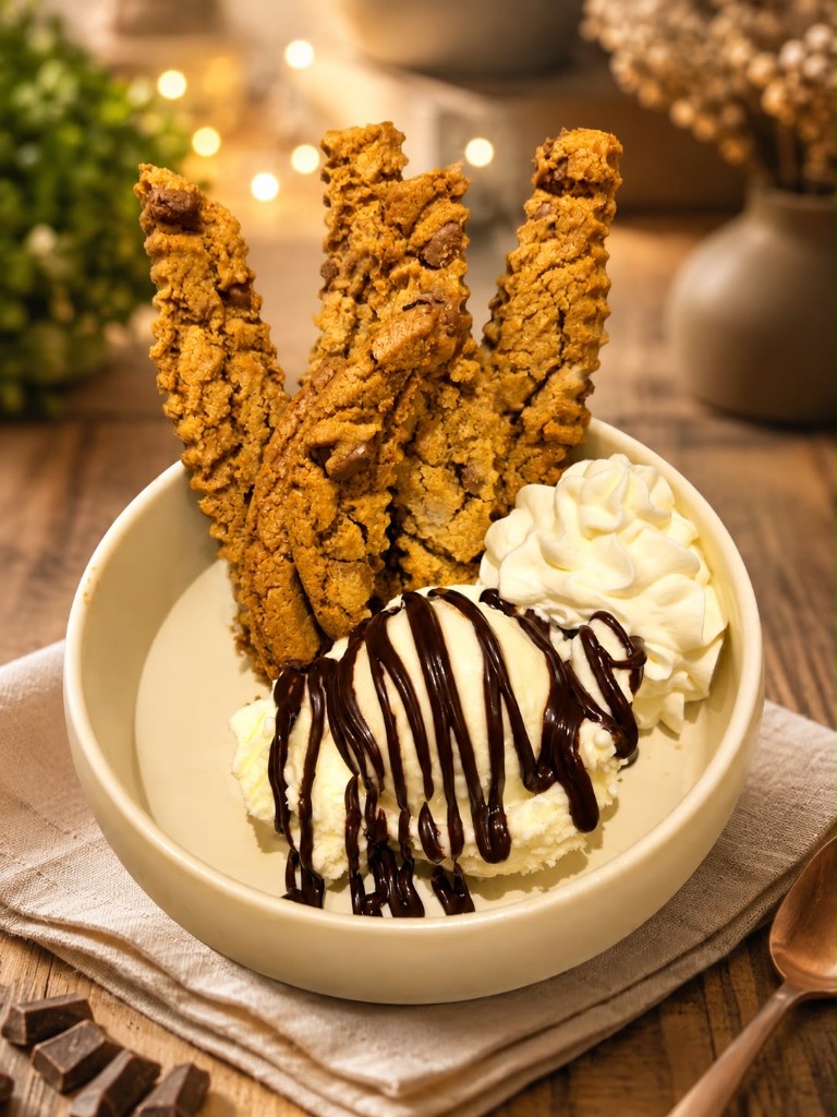 Cookie frietjes met vanille-ijs en chocoladesaus